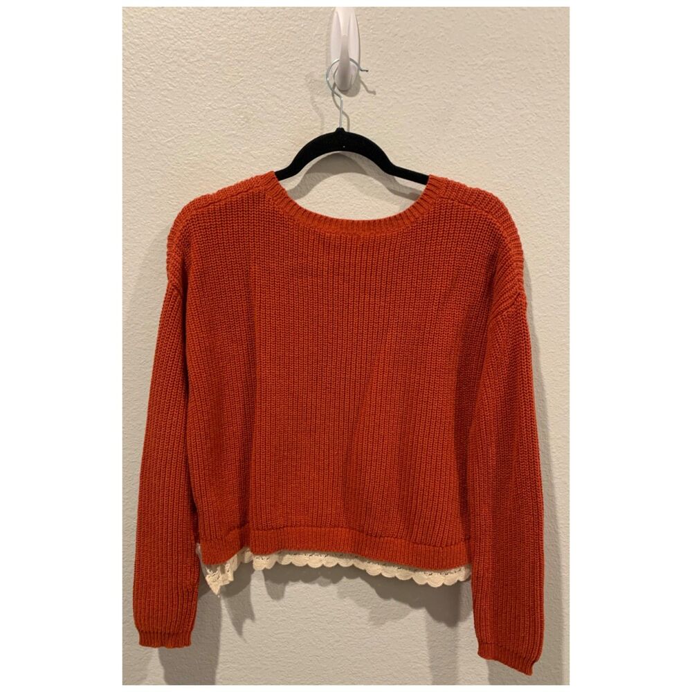 KIMCHI BLUE Burnt Orange Cropped Cable Knit Fall Crochet Lace Trim Sweater - Picture 5 of 6